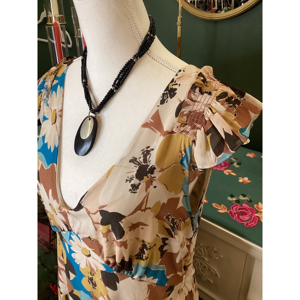 Lauren Ralph Lauren Floral Midi Dress Womens 10 Blue Tan Flutter Sleeve - Picture 2 of 7